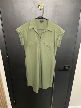 Express Olive Utility Button-Down Shirt Dress